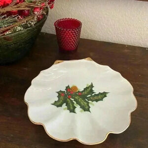 Vintage Christmas China Scalloped Dish Holly Leaf Trinket Christmas Soap Dish
